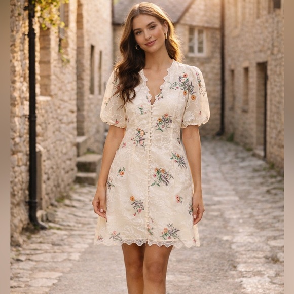 Y.A.S Dresses & Skirts - YAS Cream Floral Jacquard Mini Dress Sheer Overlay Romantic Cottagecore Small